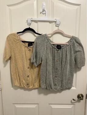 W5 Button Front Short Sleeve Tops - Set of 2, Size Large